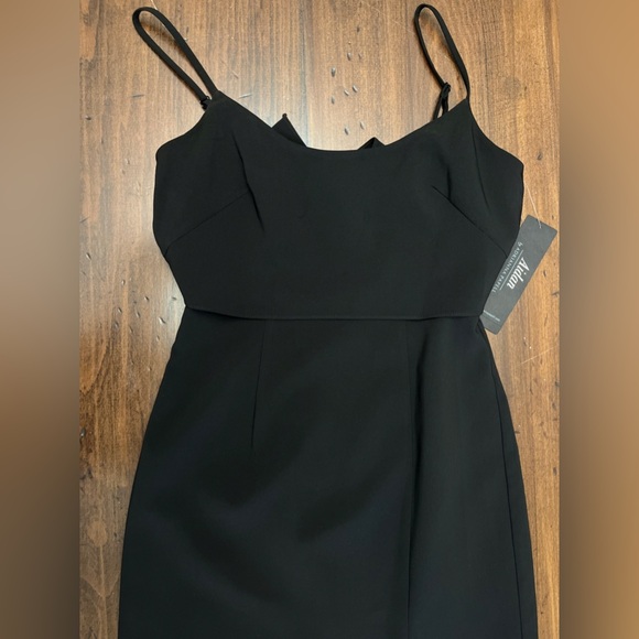 Aidan Adrianna Papell Crepe Popover Midi Black Fringe Hem Sheath Dress 2 LBD NWT - Picture 7 of 16